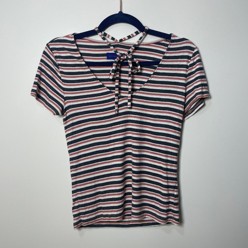 Aeropostale Ribbed Striped Tee with Strappy Neckline